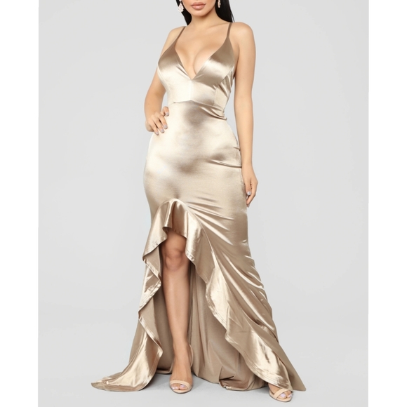Fashion Nova Dresses & Skirts - Fashion Nova Satin Mermaid Dress - Gold